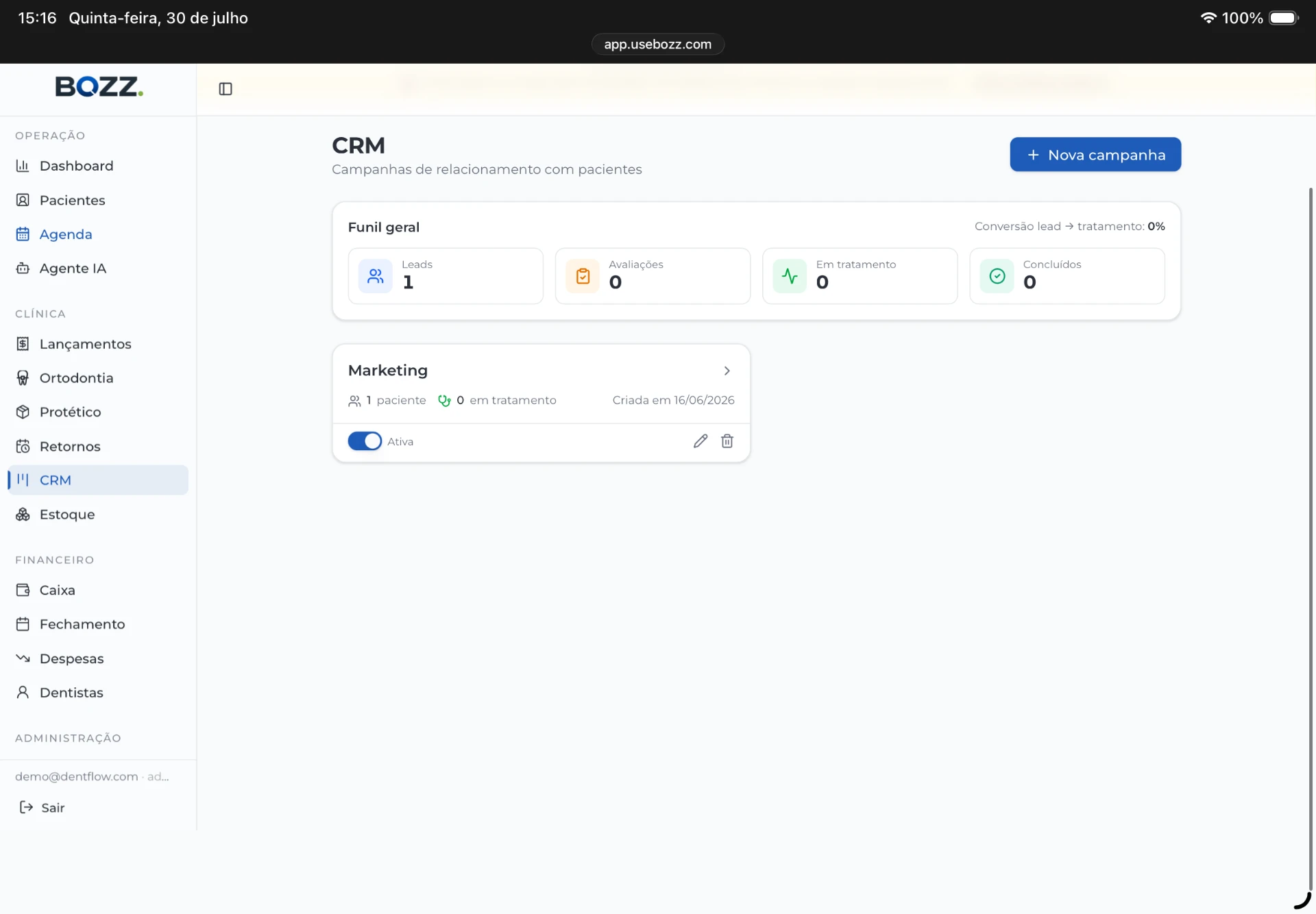 CRM do Bozz com funil de leads e campanhas